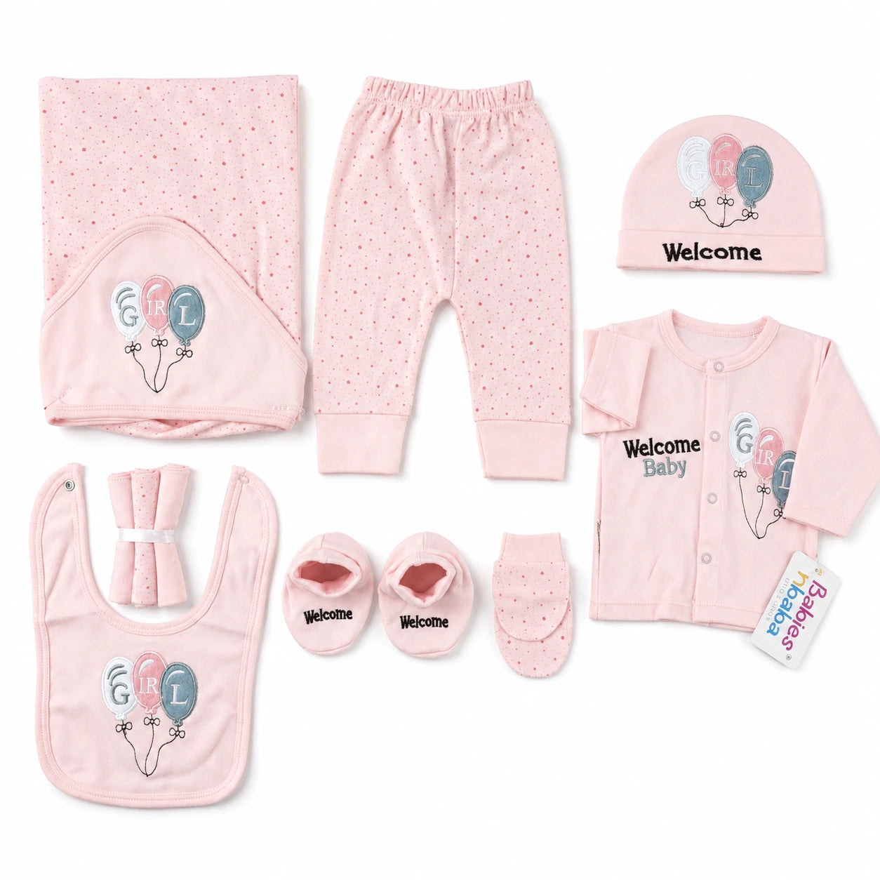 STARTER SET 11 PIECES BABY NEW BORN ESSENTIALS WELCOM BABY PRINT PINK COLOUR  - image 2