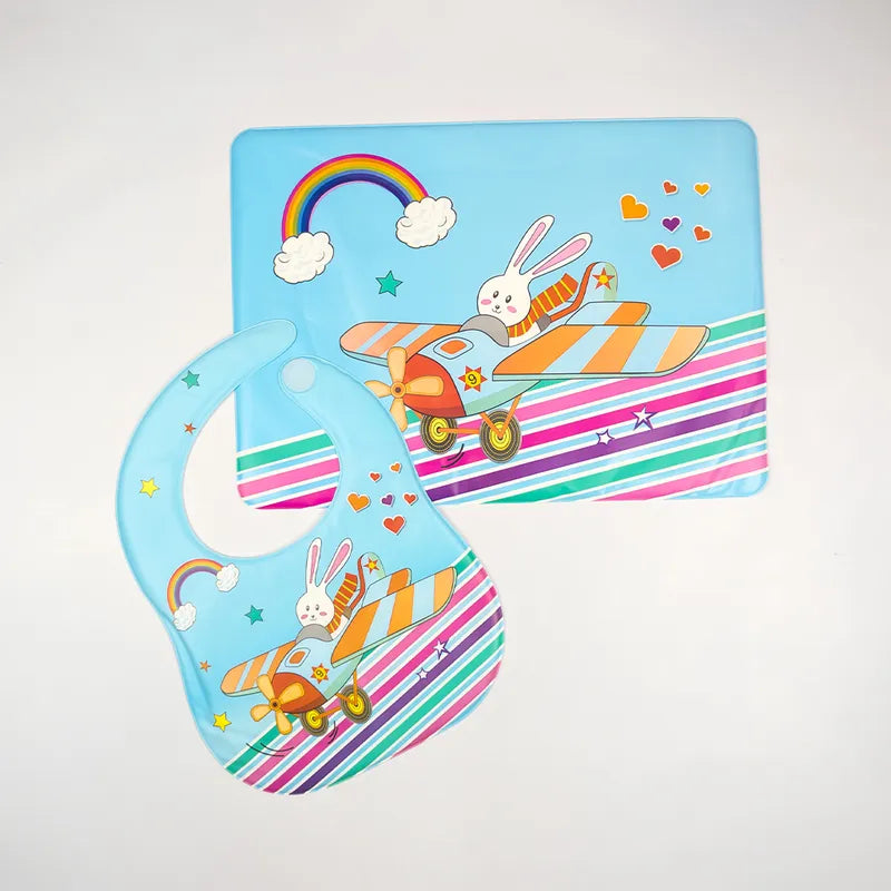 SUN BABY BIB+PLASTIC SHEET AEROPLANE CYAN