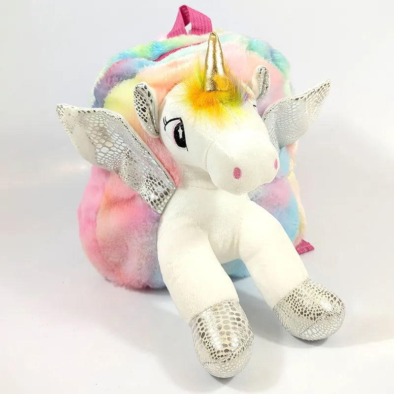 UNICORN SOFT TOY BAG 3D SILVER GLITTER SPARKLY WINGS RAINBOW SHED FOR KIDS