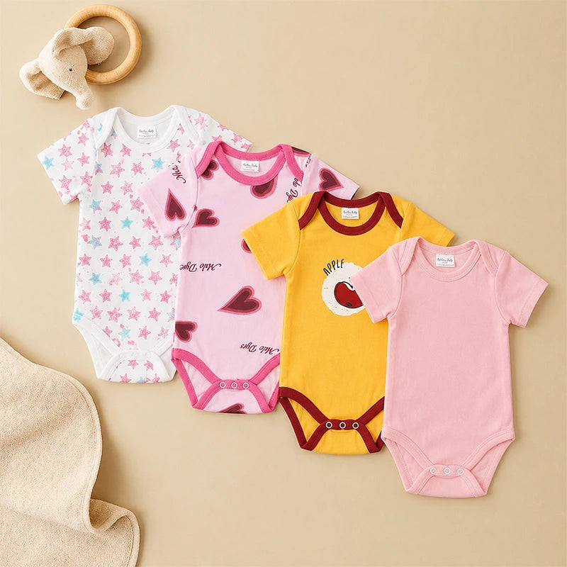 Multicolour cotton baby bodysuits with apple and mixed prints, pack of 4
