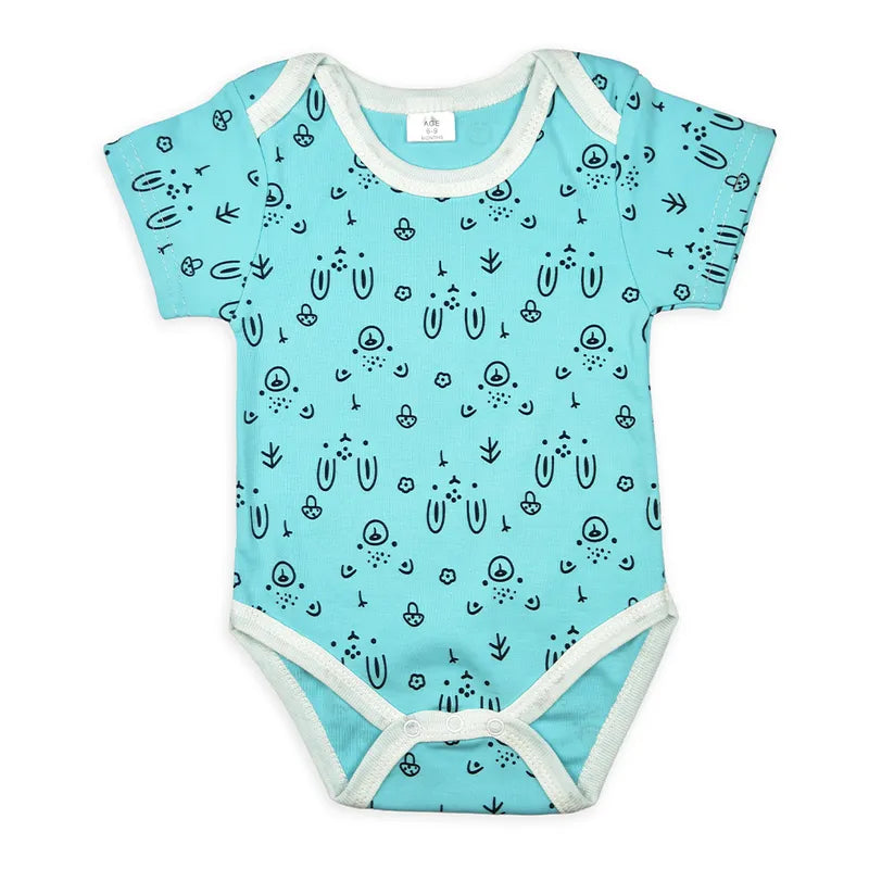 Another view of multicolour baby bodysuits with astronaut and mixed prints from the pack of 4
