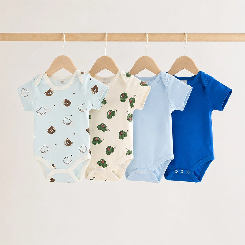 Multicolour cotton baby bodysuits with bear and mixed prints, pack of 4