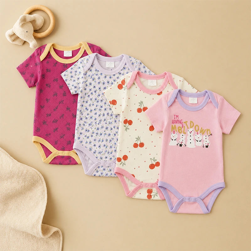 Multicolour cotton baby bodysuits with cherry and mixed prints, pack of 4