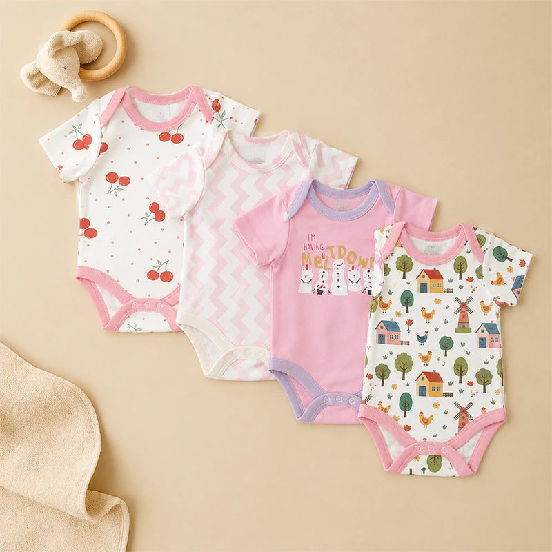 Multicolour baby bodysuits with chicken and mixed prints, pack of 4