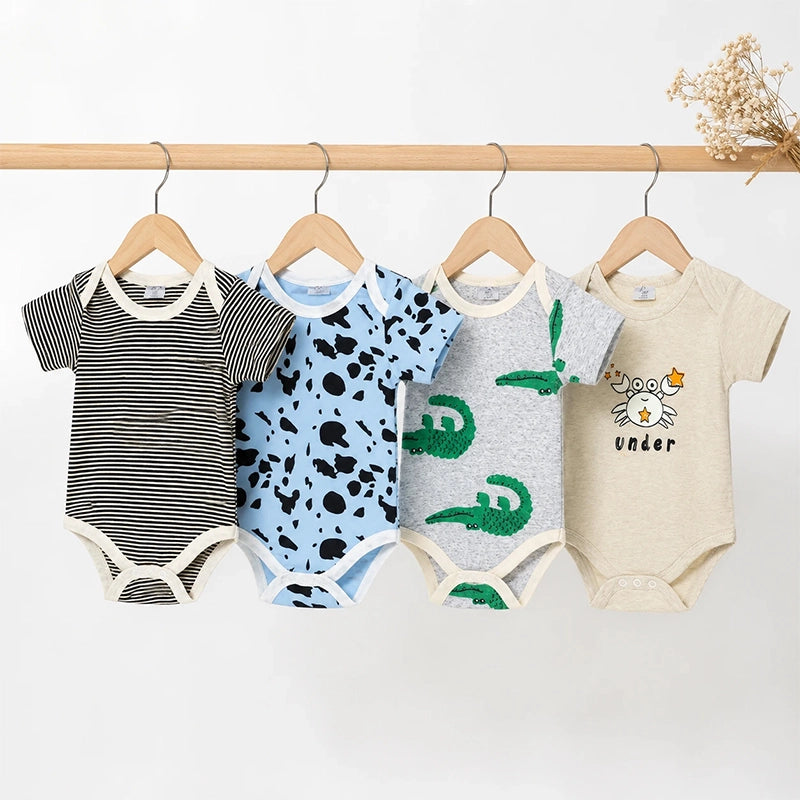 Multicolour cotton baby bodysuits with crab and mixed prints, pack of 4
