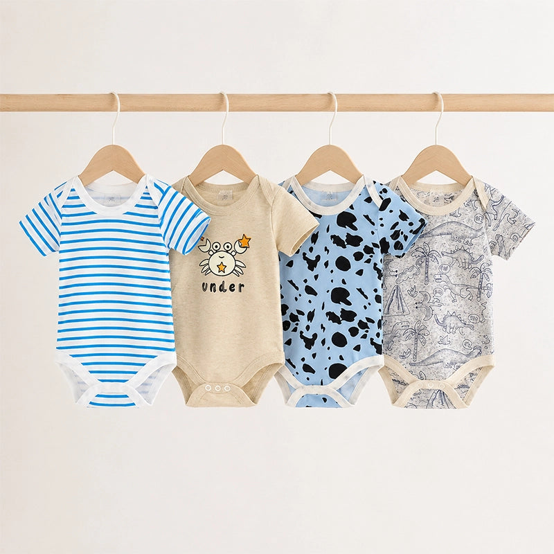 Multicolour cotton baby bodysuits with dinosaur and mixed prints, pack of 4