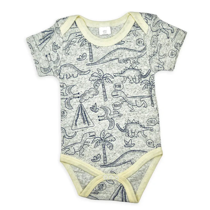 Another view of multicolour cotton baby bodysuits with dinosaur and mixed prints from the pack of 4