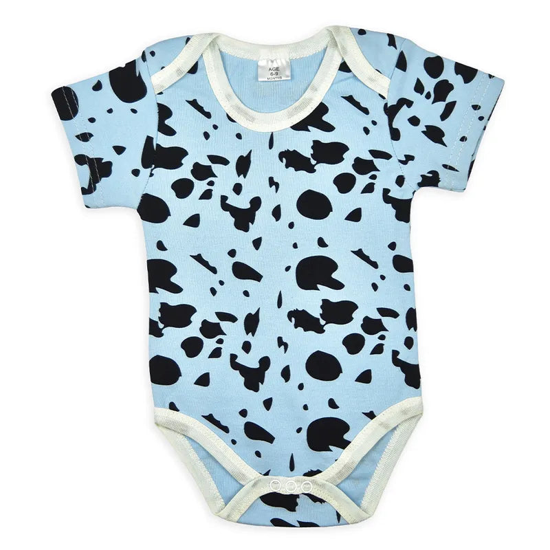 Closer view of multicolour cotton baby bodysuits with dinosaur and mixed prints from the pack of 4