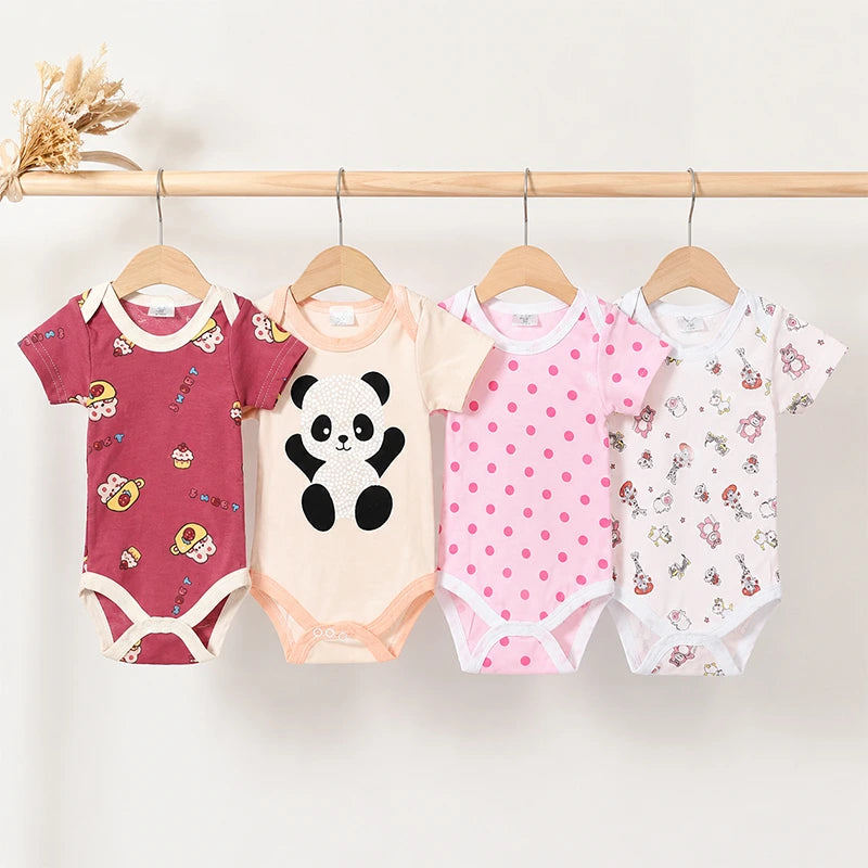 Multicolour baby bodysuits with panda and mixed prints, pack of 4