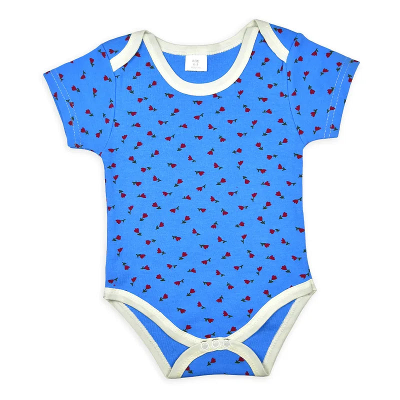 Closer view of multicolour cotton baby bodysuits with rose and mixed prints from the pack of 4