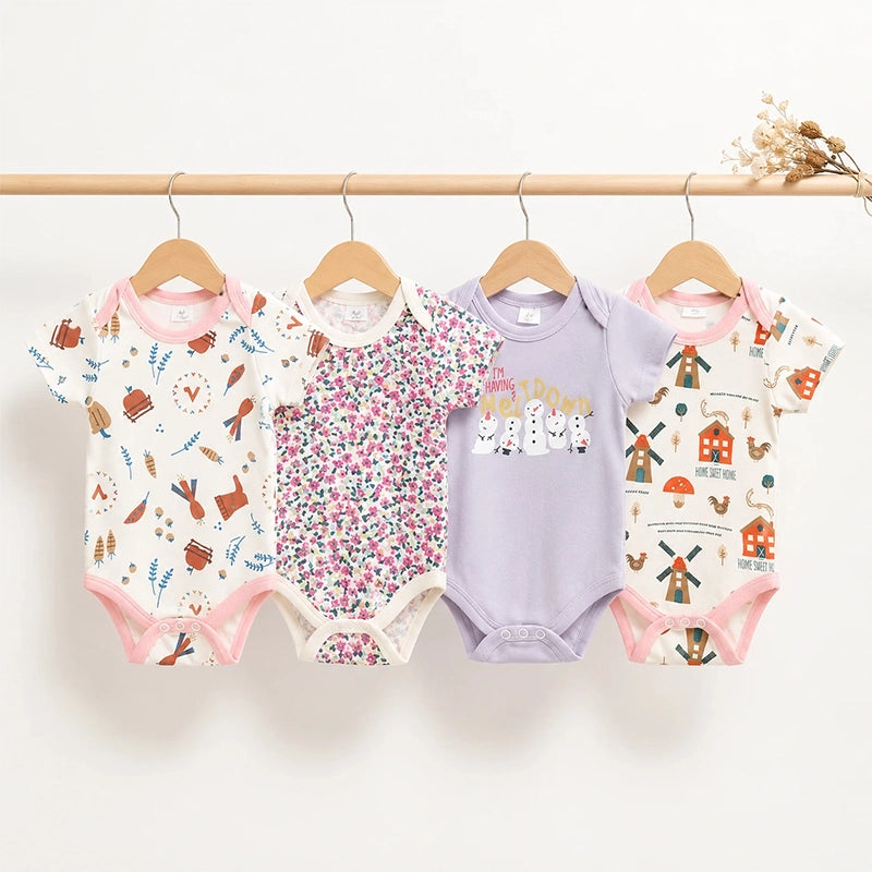 Multicolour cotton baby bodysuits with vegetable and mixed prints, pack of 4