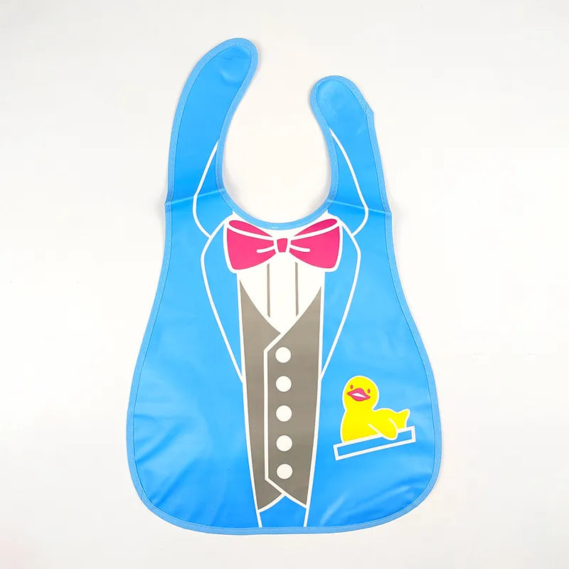 WATERPROOF BABY APRON BIB BLUE TUXEDO PRINT WITH YELLOW DUCK