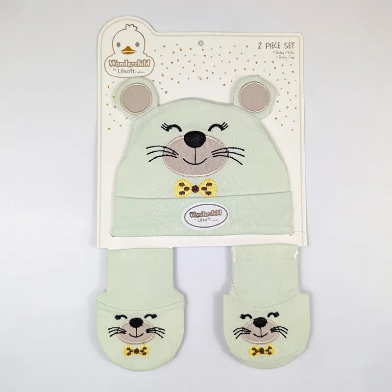 WONDERCHILD 2PCS SET CAP+BOOTIE CAT BOW GREEN CARD