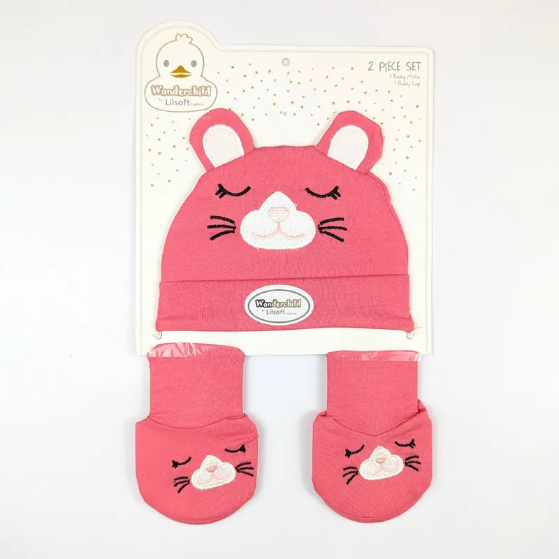 WONDERCHILD 2PCS SET CAP+BOOTIE SLEEPING CAT ROSE PINK CARD